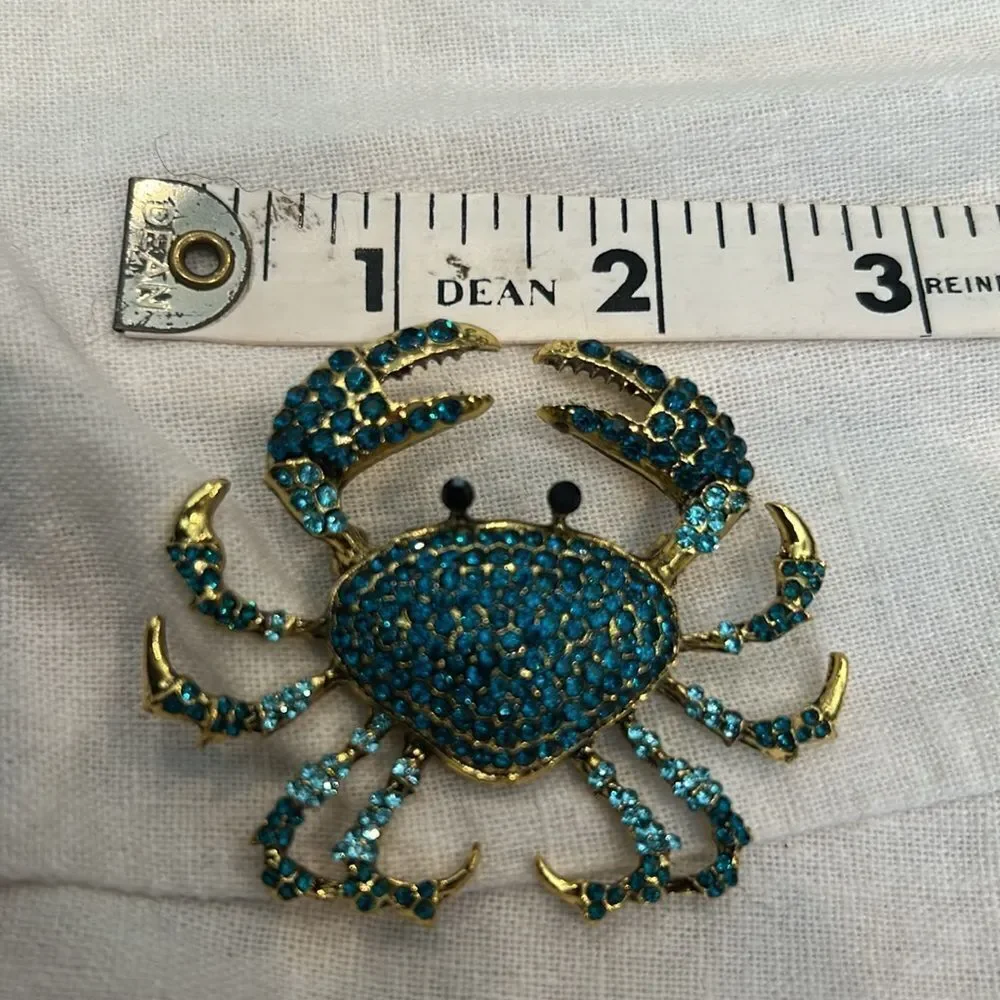 Sparkling Blue and Gold Crab Brooch